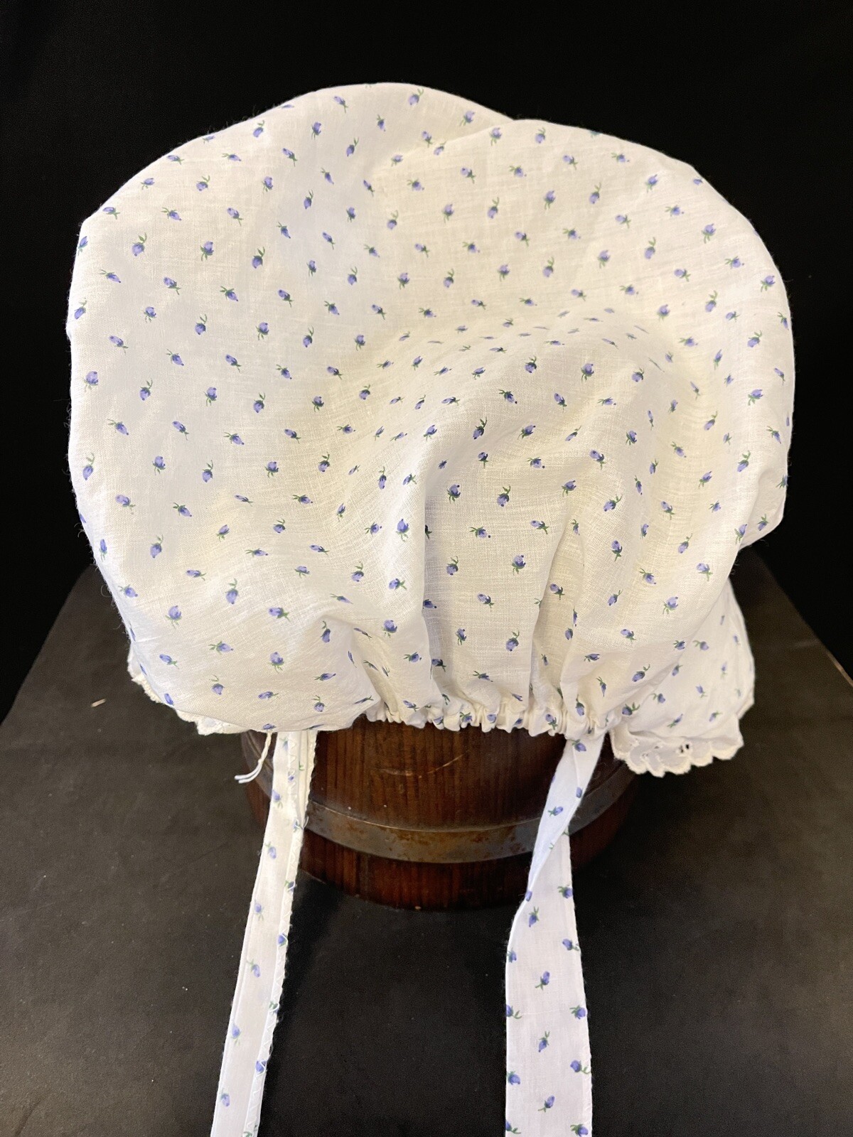 Vintage handmade thin Blue white Floral lace Colonial bonnet cap hat cottagecore