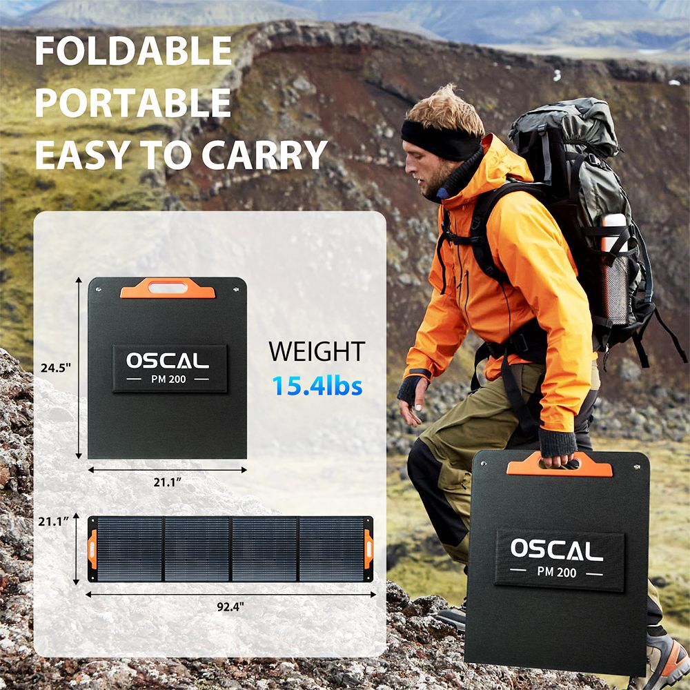 Oscal 200W Foldable Solar Panel ETFE Material ≥22% Solar Conversion Efficiency