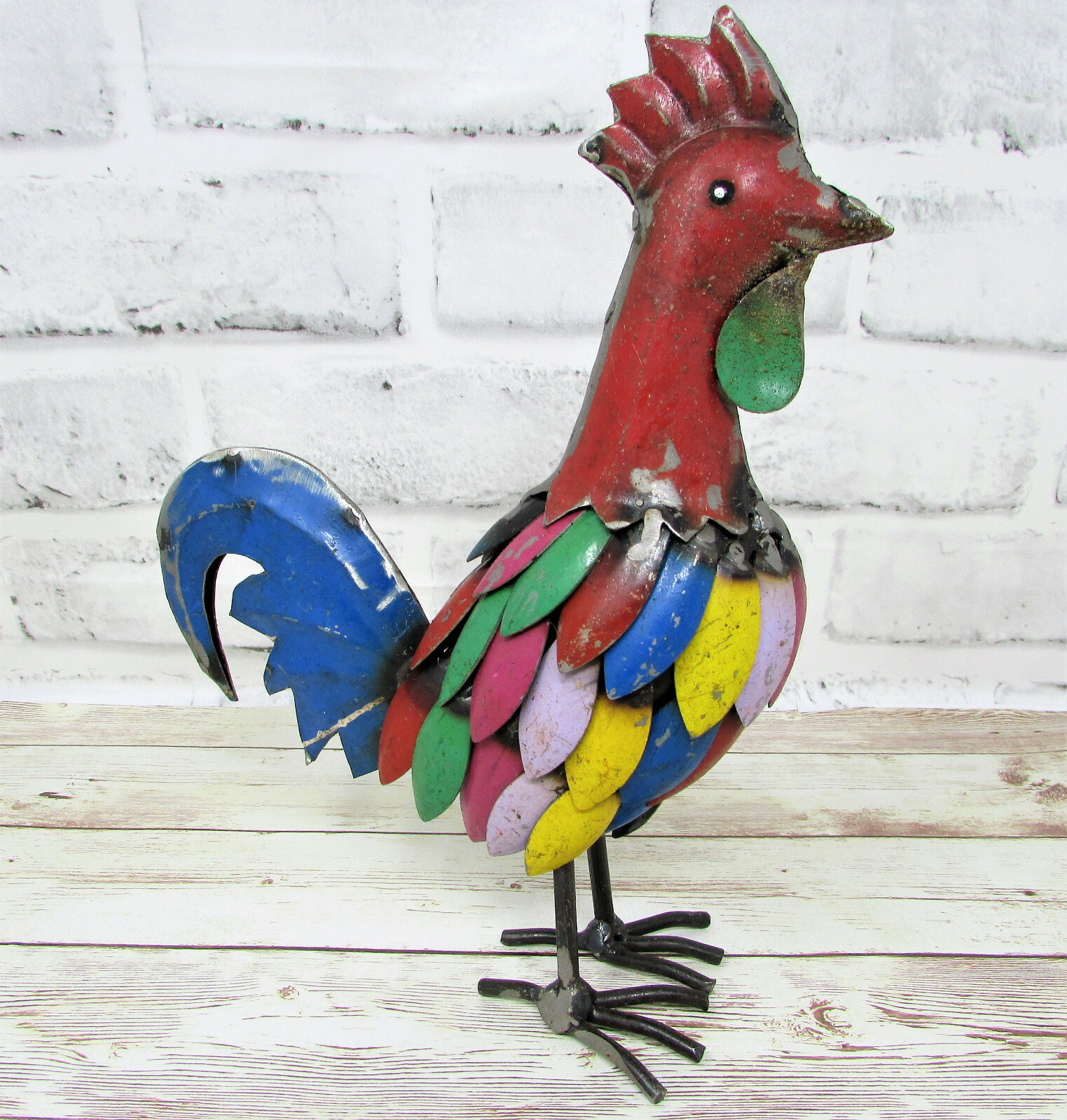 Rustic Small 9 Inch Tall Repurposed Scrap Metal Rooster Chicken Statue Home Farm
