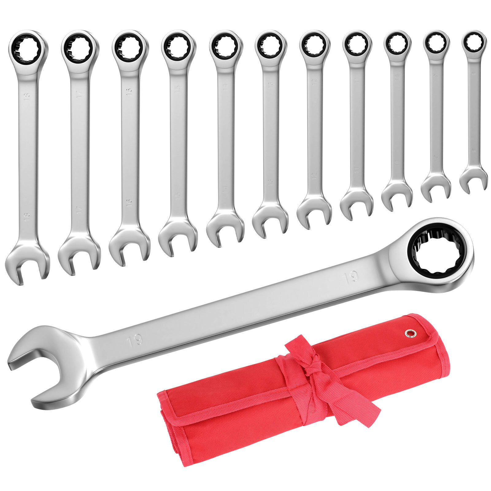 12Pc 8-19mm Metric Fixed Head Ratcheting Wrench Combination Spanner Tool Set
