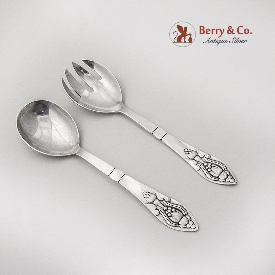 Fuchsia Georg Jensen Serving Set Spoon Fork Sterling Silver 1906 Denmark No Mono