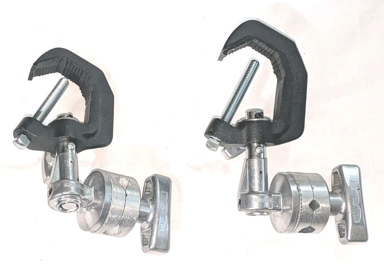 (2) MATTHEWS 429762 Studio Light Hanger Beam CLAMPS w/ MSE Hollywood Grip Heads