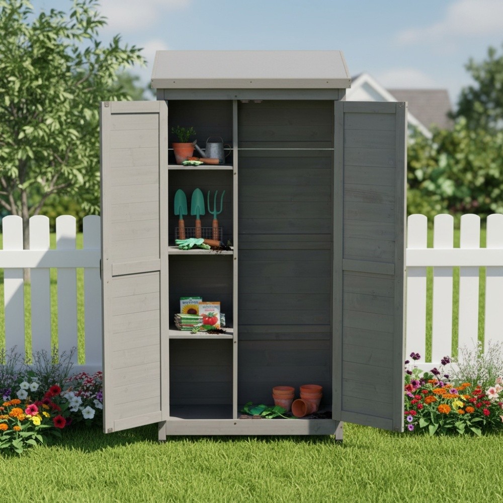 Outdoor Wooden Storage Shed W Metal Top Tall Vertical Tool Cabinet