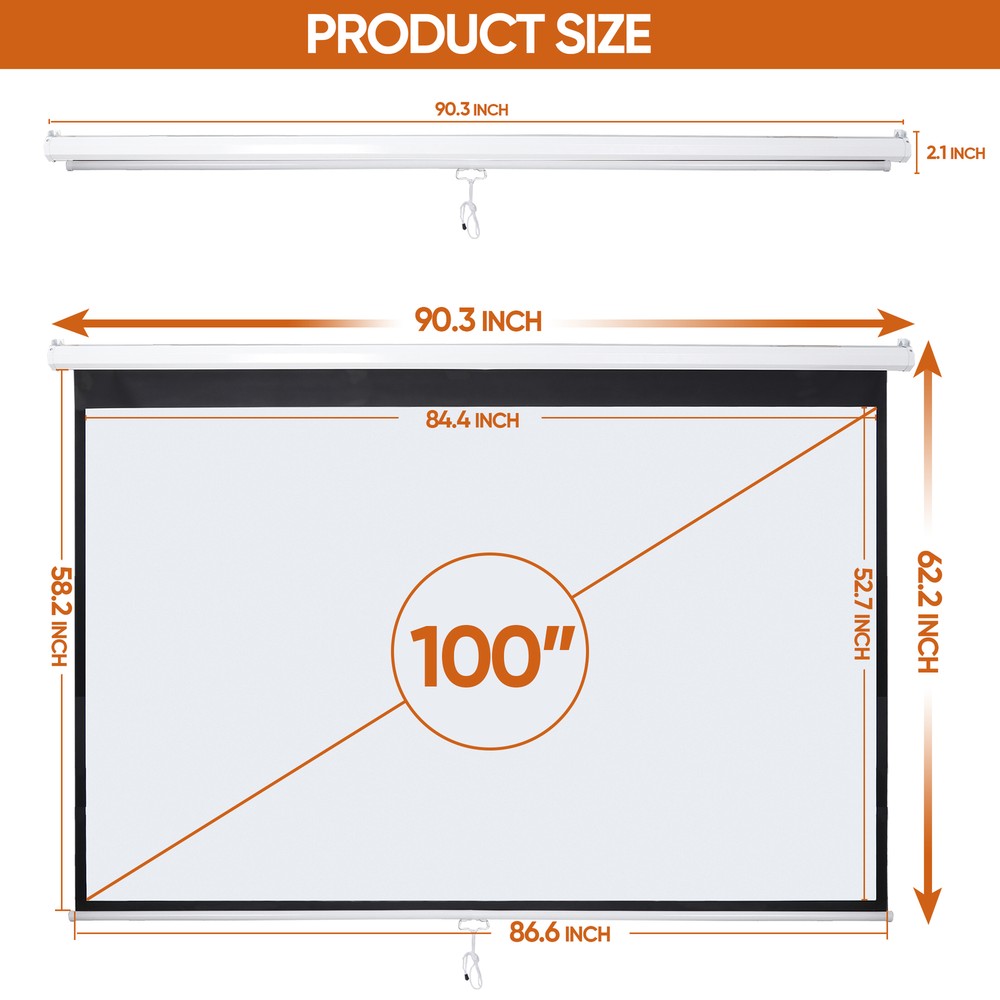 100"Manual Projection Screen Pull Down 16:10 HD Projector 4K Widescreen for Home