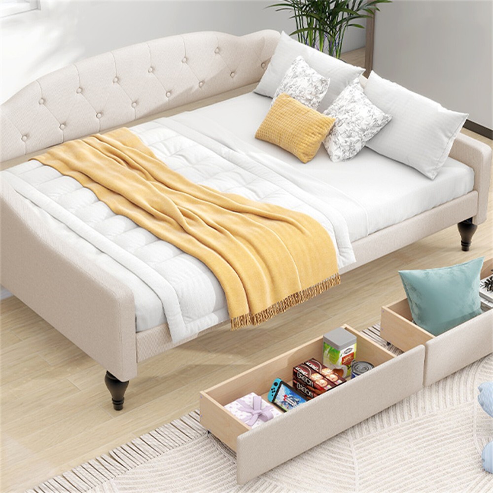 Full Size Daybed Upholstered Bed Frame Sofa Bed with 2 Storage Drawer Beige US