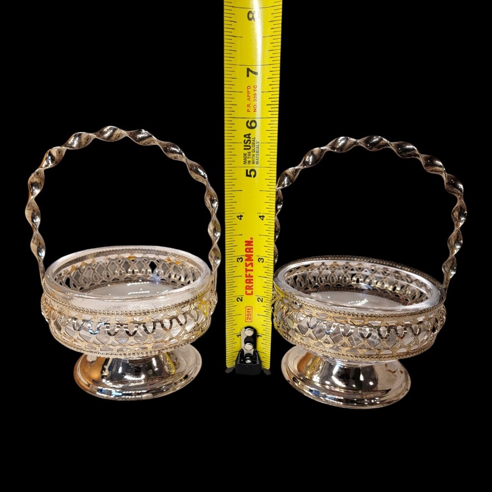 Set of 2 Silver Plated Nut Candy Baskets with Glass Liners Twisted Handle READ