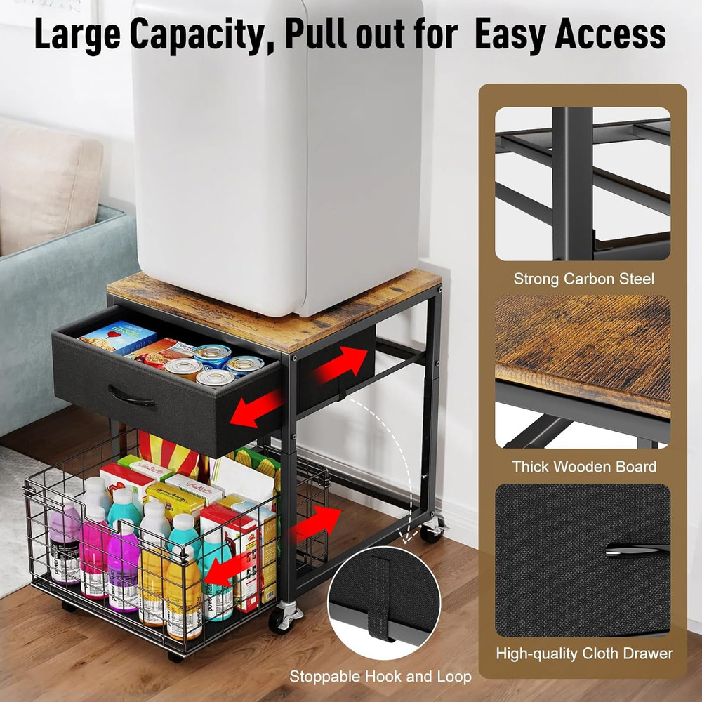 Height-Adjustable Mobile Mini Fridge Stand with Storage and Rolling Cabinet