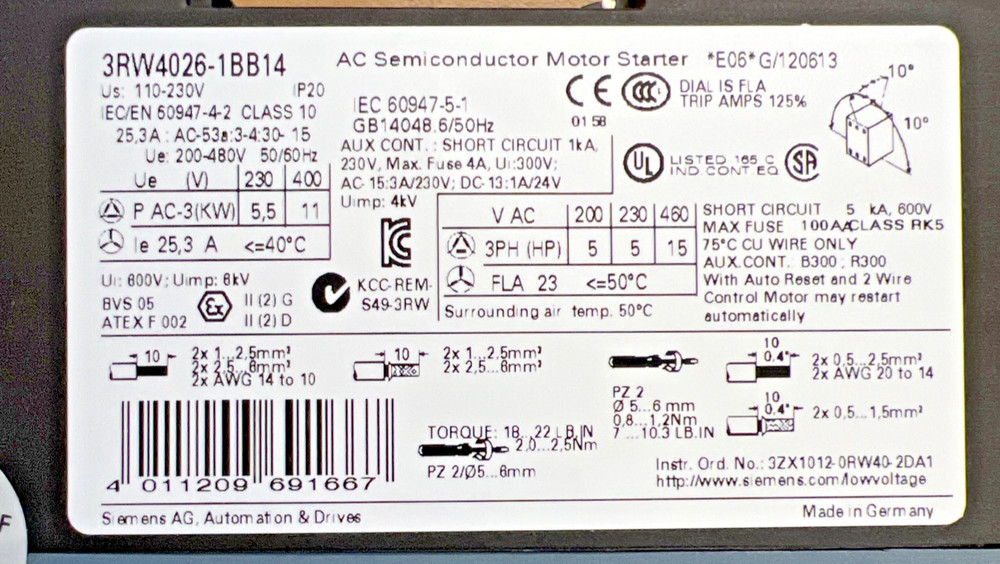 Siemens 3RW4026-1BB14 Soft Start *New in Box*