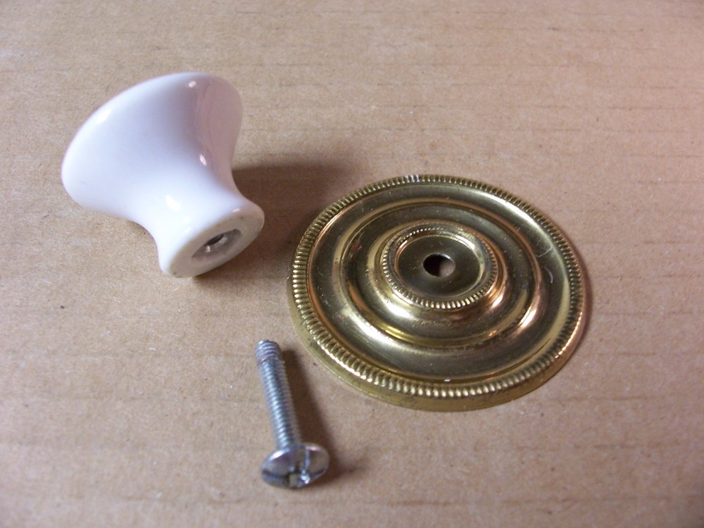 (3) CERAMIC DRAWER PULLS / KNOBS WITH BACK PLATES -- ORIGINAL SCREWS INCLUDED