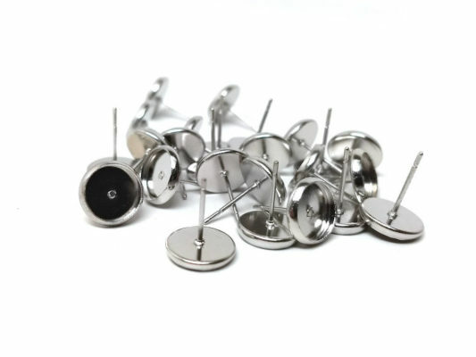 Silver Tone Earring Posts Studs Settings Bezels Cabochons Tacks- 8mm Glue Pad