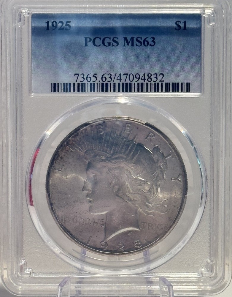 1925 $1 Peace Silver Dollar PCGS MS63 - Lightly Toned - Nice Luster