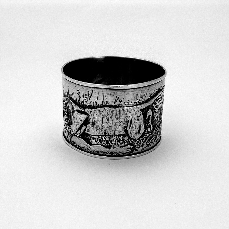 Scenic Tiger Attacking Hunter Napkin Ring Sterling Silver
