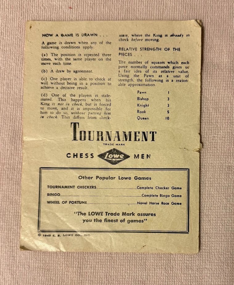 Vintage CHESS MEN Rules for Playing Chess Instruction Sheet 1945