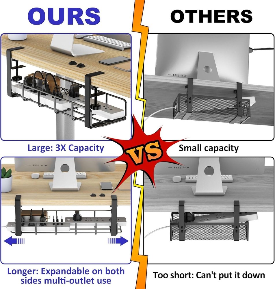 Adjustable 15.7” Wire Management Tray with Clamps - Declutter Your Workspace