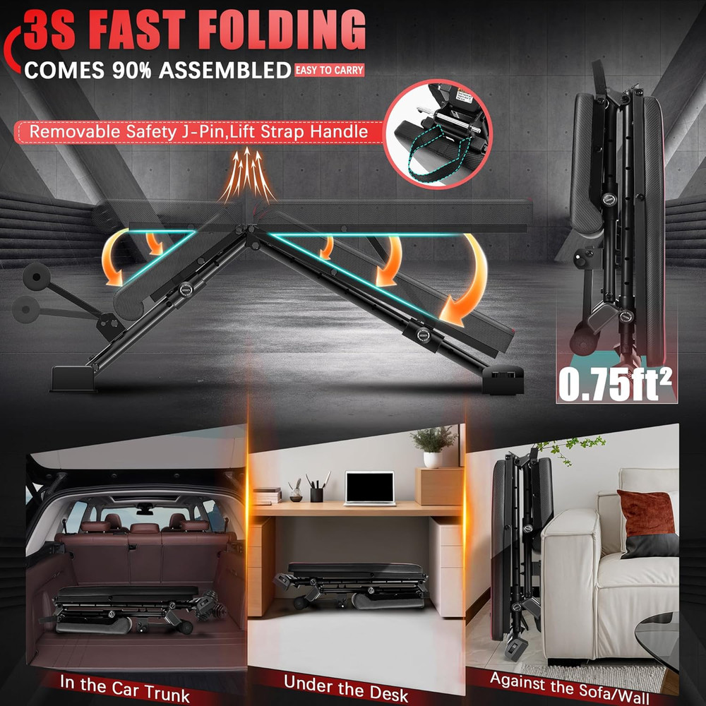 900LBS Foldable Weight Bench Adjustable Incline Decline Flat Workout Bench Press