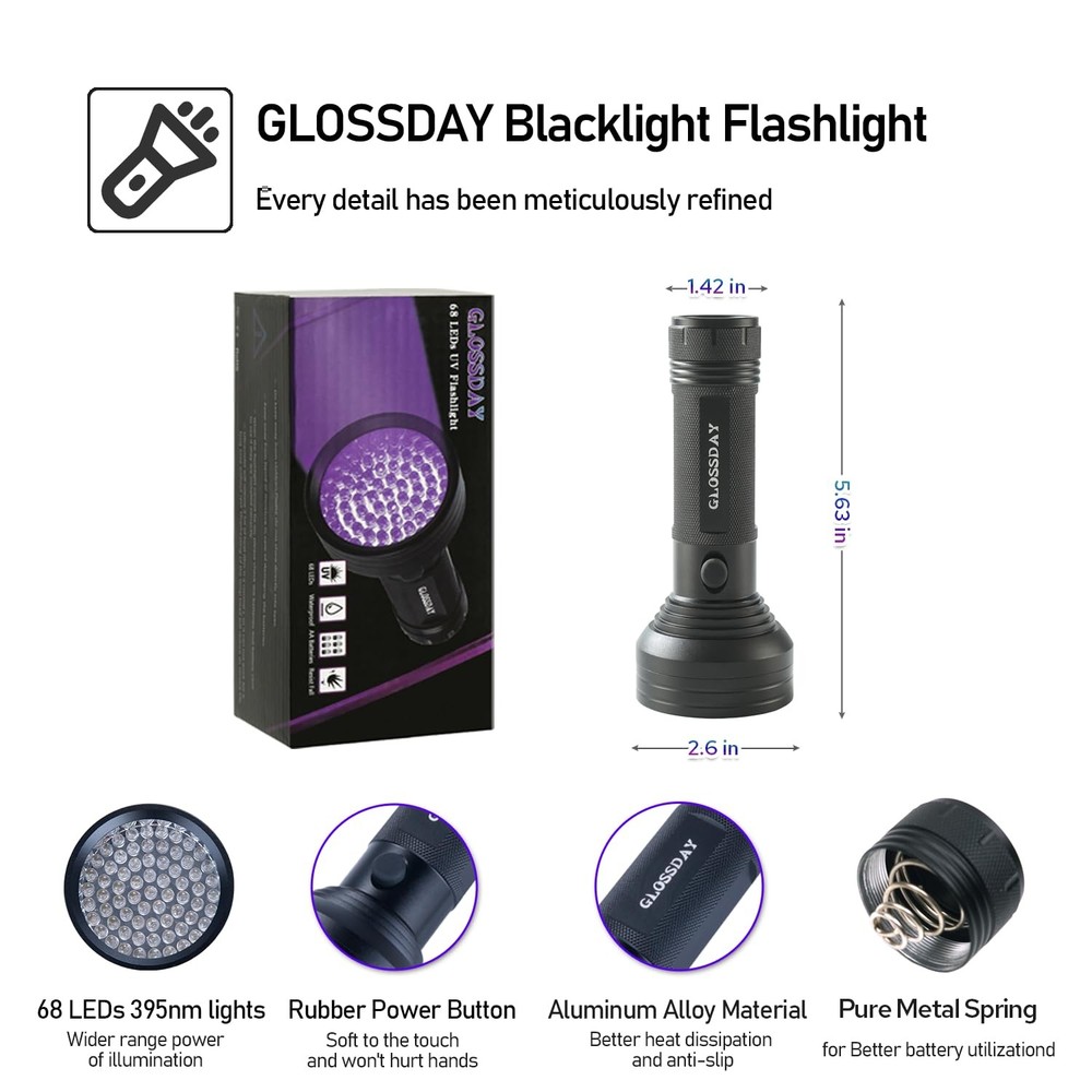 GLOSSDAY Blacklight Flashlight 68 LED UV Flash Light,Ultraviolet 68LED, Black