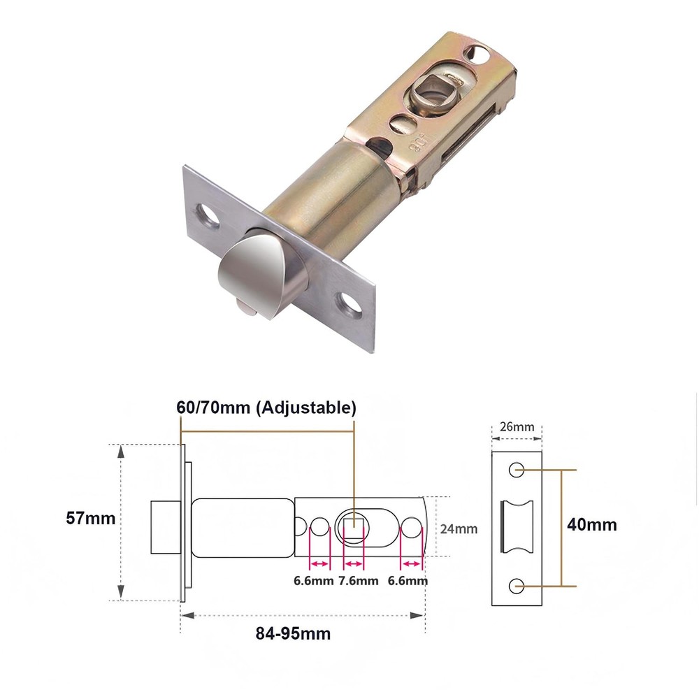 Qrity Mortice Latch, Adjustable Size 60/70mm, for Flat Silver, Gold