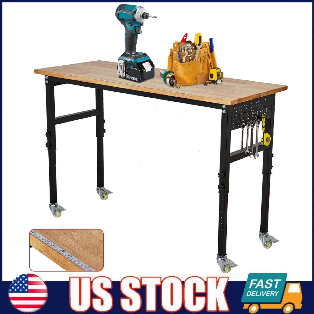 48"x24" Adjustable Workbench, Heavy Duty Work Bench Table with Pegboard & Wheels