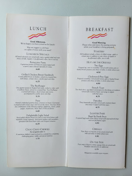 1993 Amtrak Dining Car Selections Menu Original