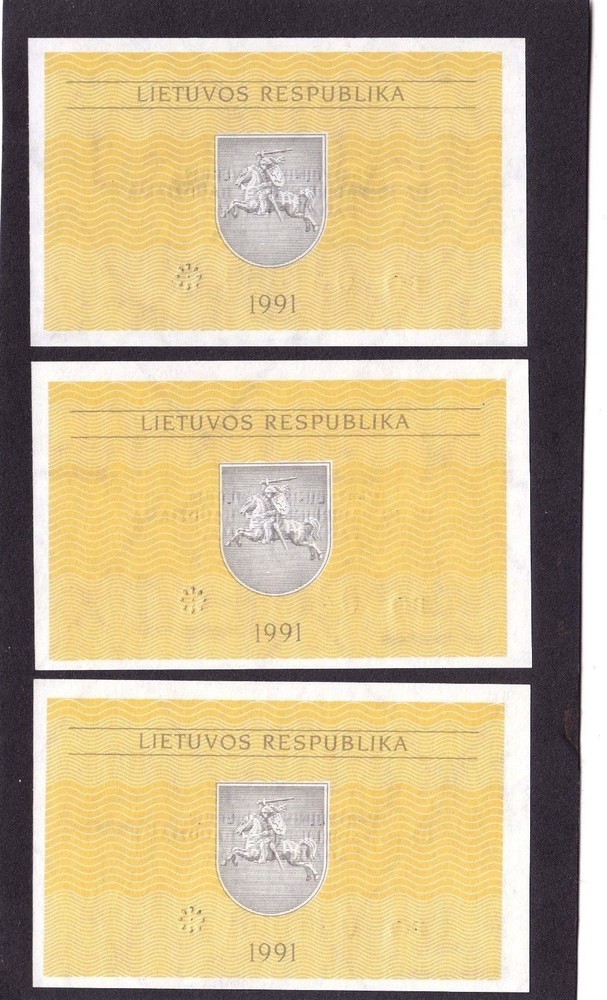 Lithuania 0,10 Talonas 1991 P-29b UNC x 3