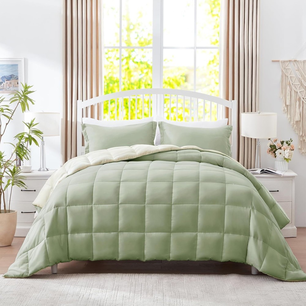 Luxury Queen Comforter Set - 3-Piece Solid Reversible Microfiber for All Seasons