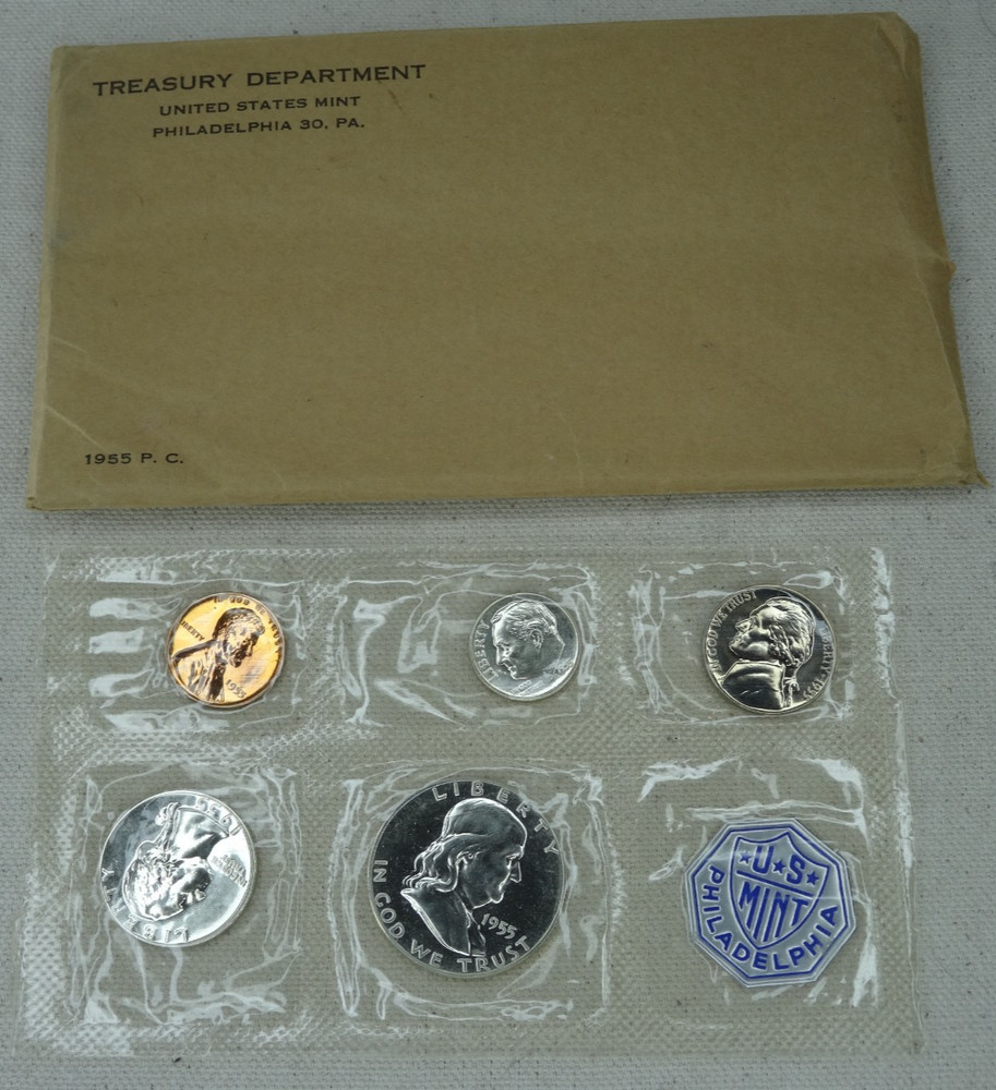 1955 US Mint Silver Proof Set Oiginal Envelope OGP Flat Pack 90% 5 Coins