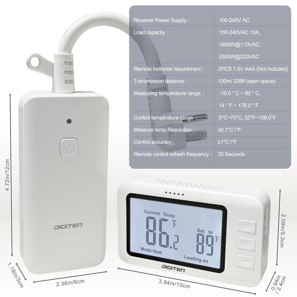 DIGITEN Wireless Thermostat Outlet Temperature Controlled with White
