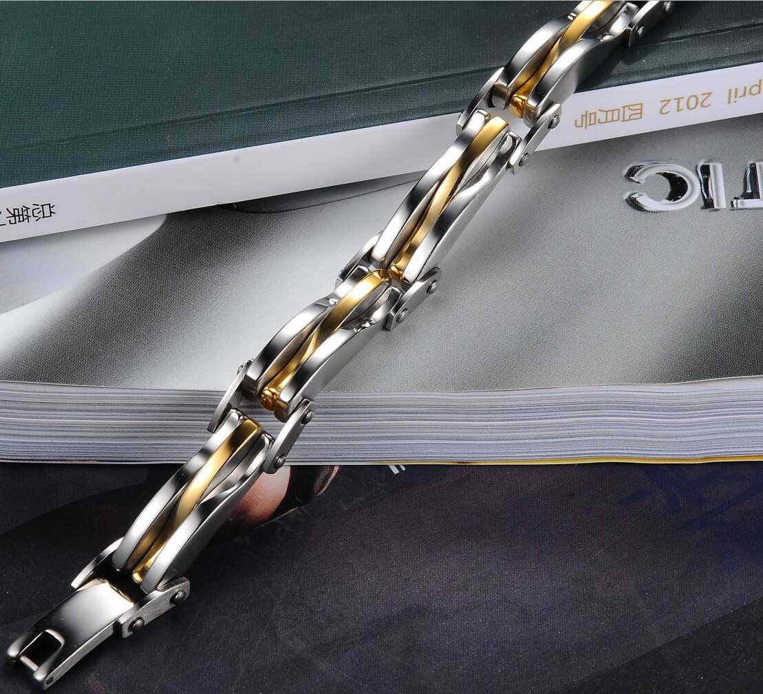 Two Tone Stainless Steel Men's Chain Link Bracelet Wristband Cuff Bangle 8.66"