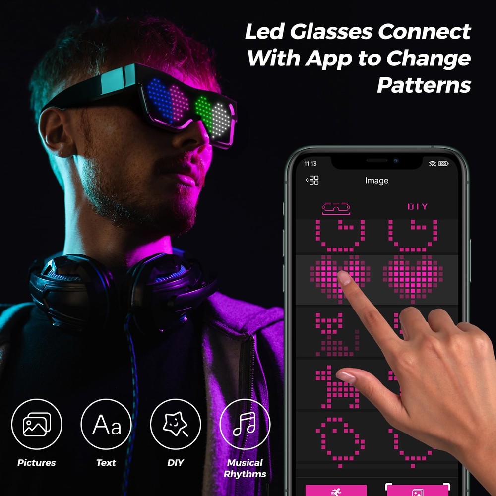 Customizable LED Glasses with App Control, DIY Graffiti, Fixed Multi-Color Di...