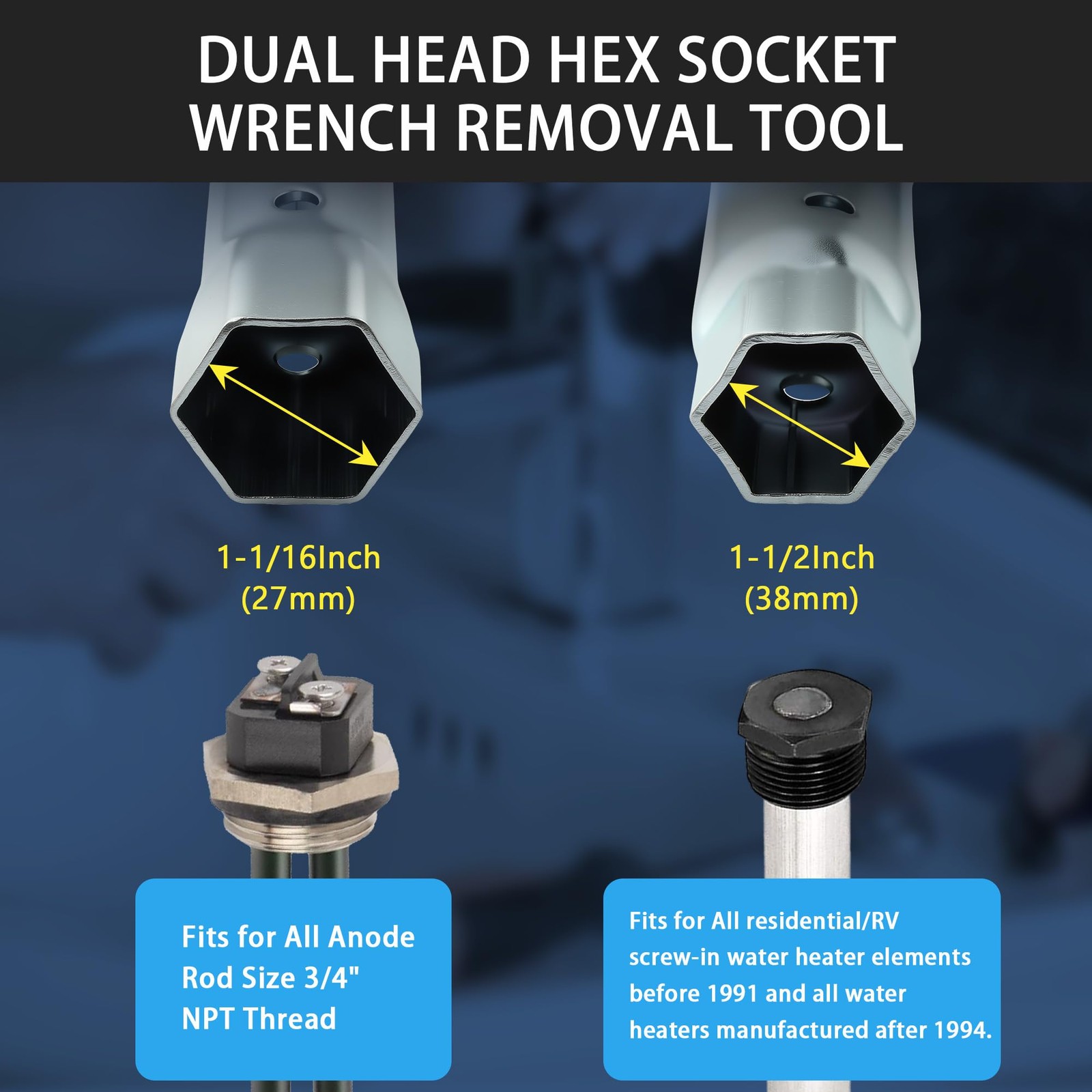 Timsec RV Water Heater Element Wrench Socket - 1-1/16 in / 1-1/2 in, Silver