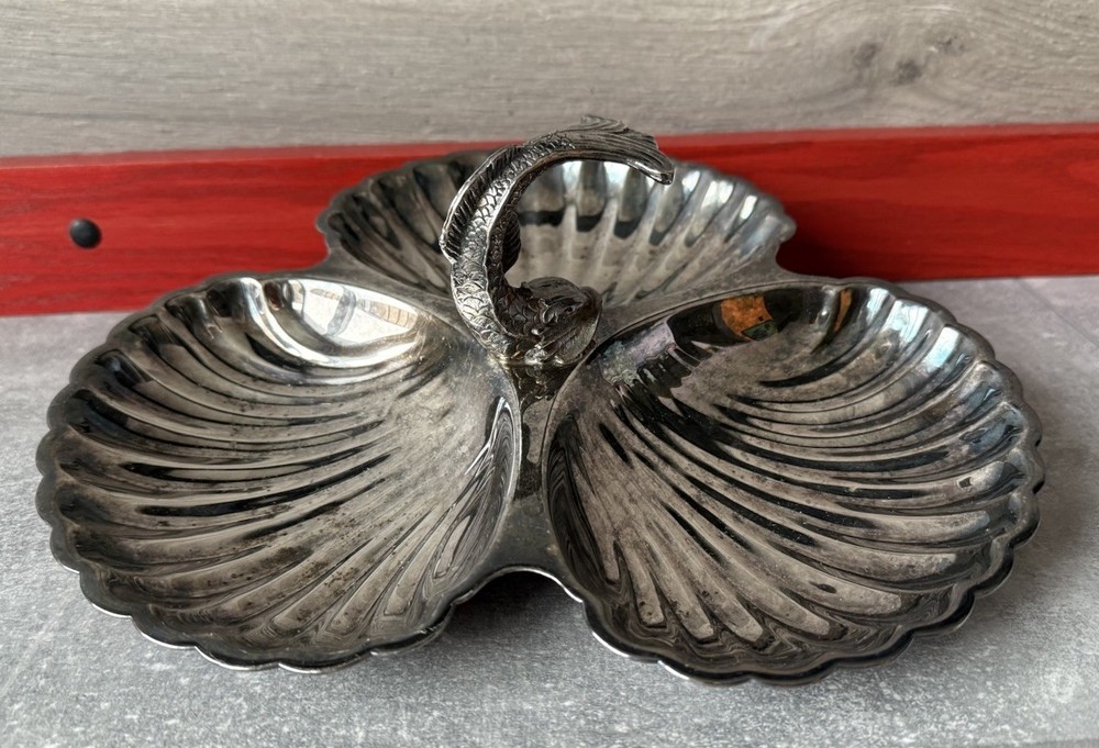 Silver Plated Three Scallop Shell Shaped Serving Dish Center Dolphin Handle
