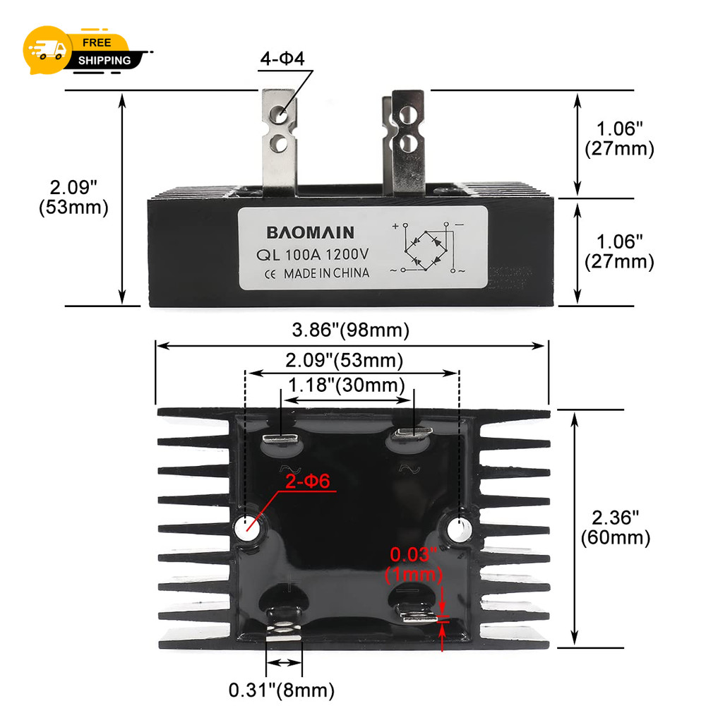 Baomain 100A Amp 1200V Volt Diode Bridge Rectifier Metal QL100A