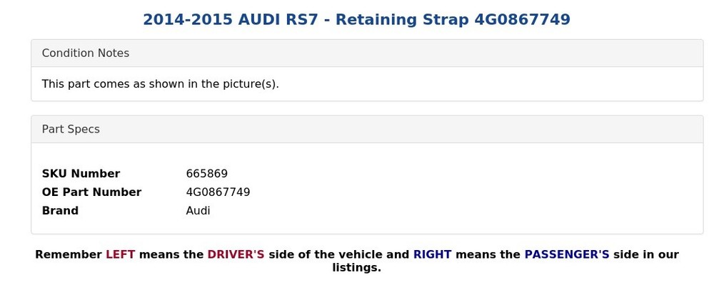 2014-2015 AUDI RS7 - Retaining Strap 4G0867749