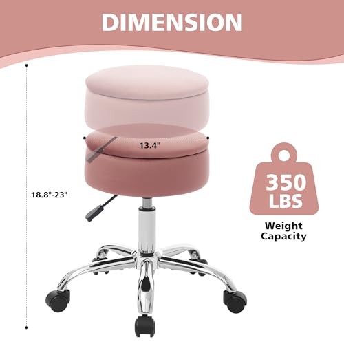 Adjustable Vanity Stool with Storage Rolling Vanity Chair with Wheels Pink