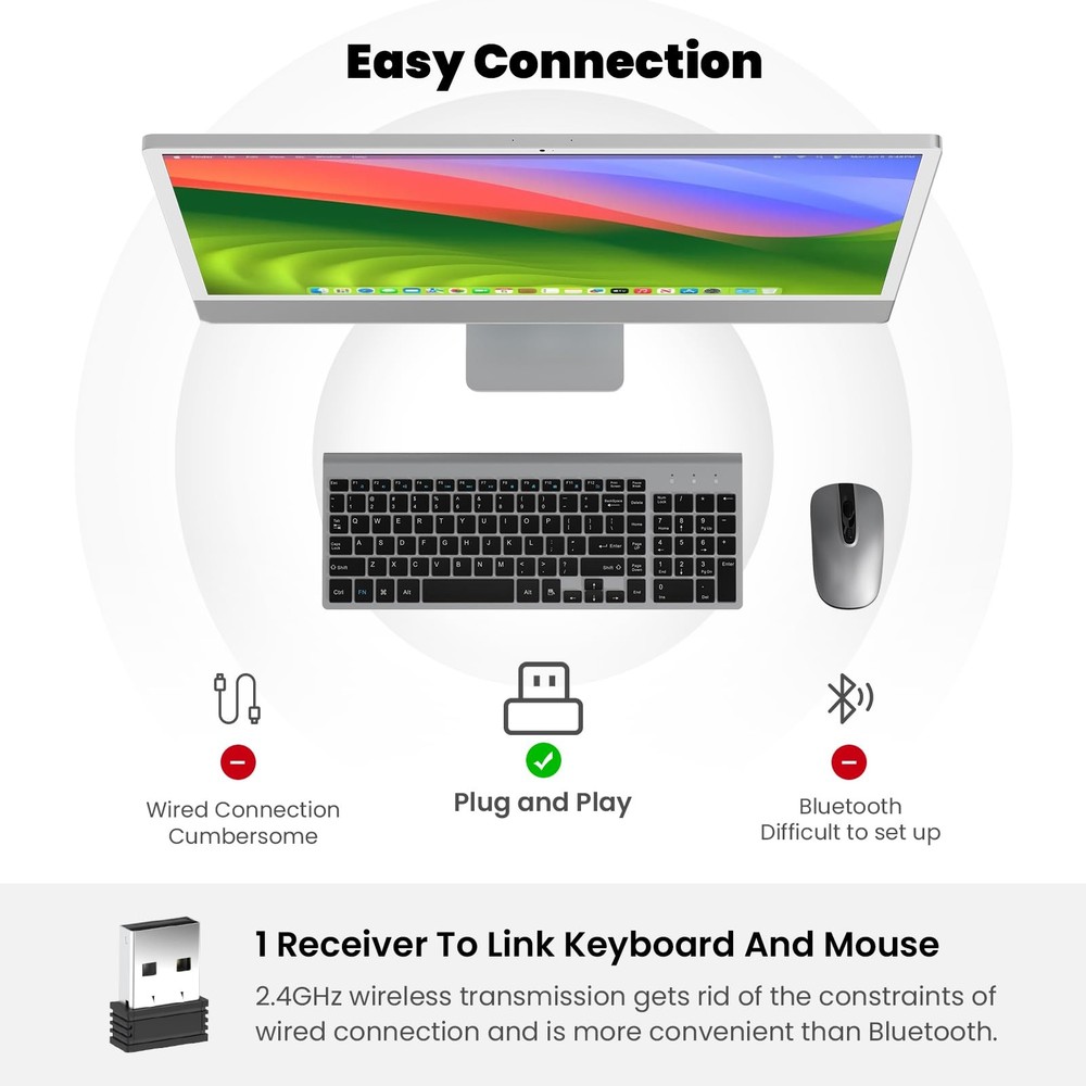 EasyTyping KF10 Wireless Keyboard Mouse Combo Silent Scissor Switch Slim Grey