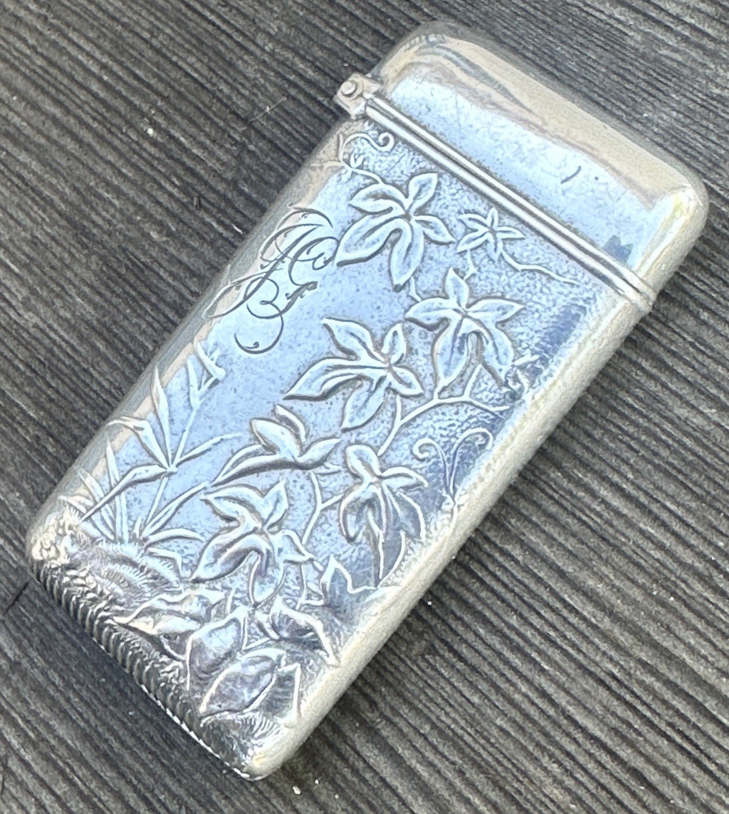 Antique Wood & Hughes Sterling Silver Floral Engraved Vesta Case Match Safe