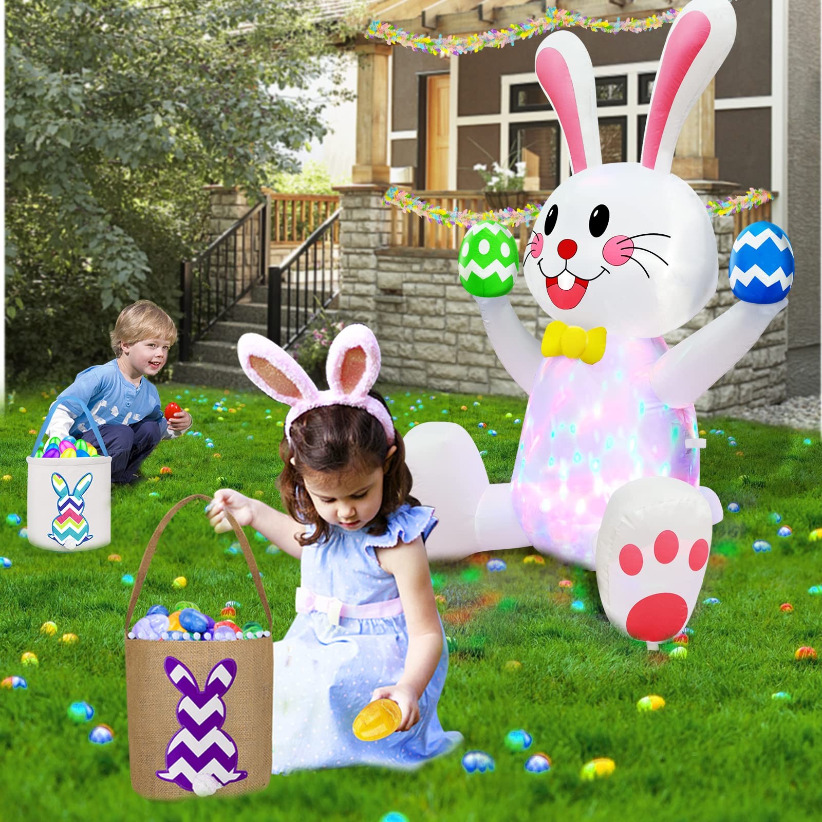 4FT Easter Inflatable Bunny with Rotating Colorful LED Lights - Waterproof Outdo
