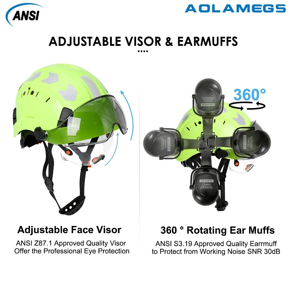 CE Construction Safety Helmet With Visor Built In Goggles Earmuffs ANSI Hard Hat