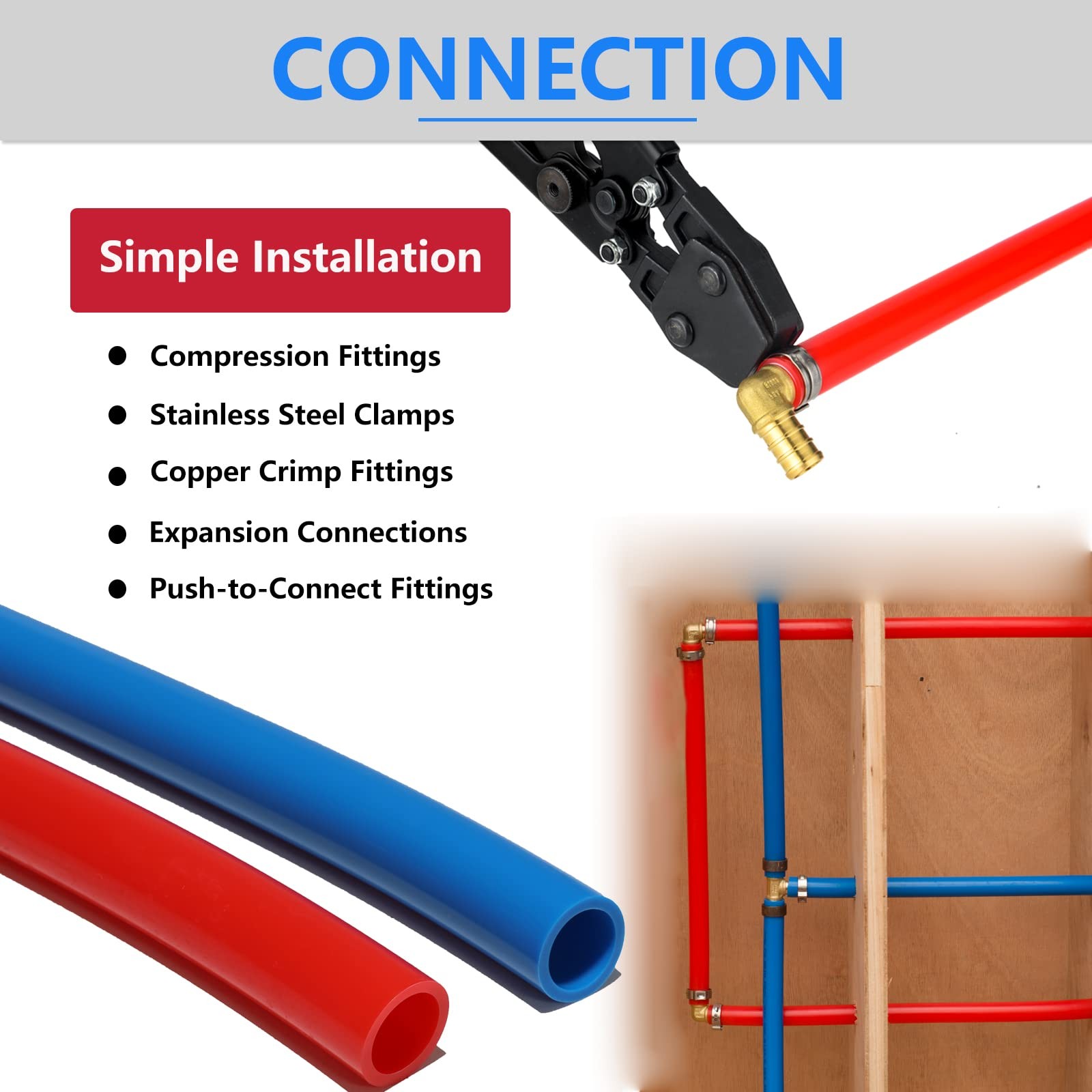 1/2 Inch PEX-B Pipe, 200ft Length, Blue & Red, with 4 Pcs 1/2" Barb PEX Shut Off