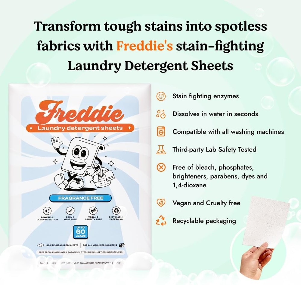 Freddie Low-Waste Laundry Detergent Sheets – Jug Free Format – Pre-Measured