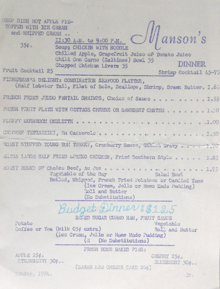 Mystery Menu Mansons No location 1954