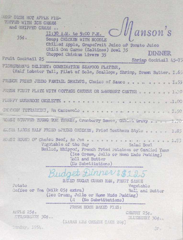 Mystery Menu Mansons No location 1954