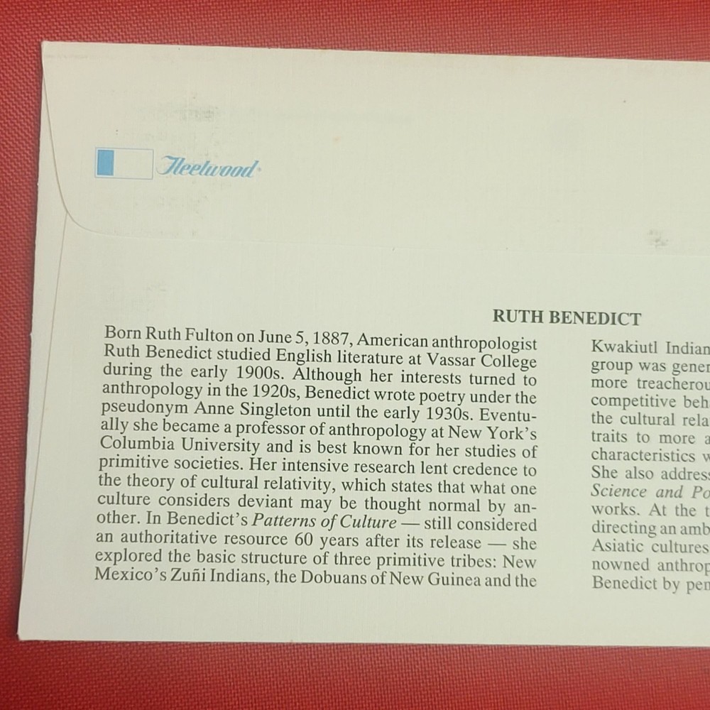 First Day of Issue Ruth Benedict Stamp Cache Envelope