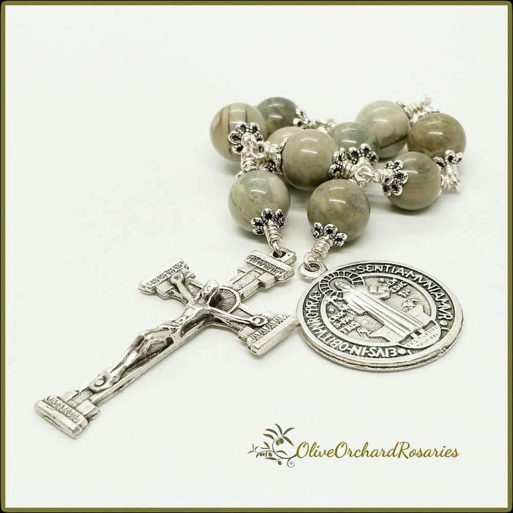 Handmade St. Benedict Medal Large One-decade Rosary Natural Silver Mist Jaspers