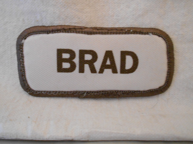 BRAD USED SILK SCREEN NAME PATCH TAG BROWN ON WHITE