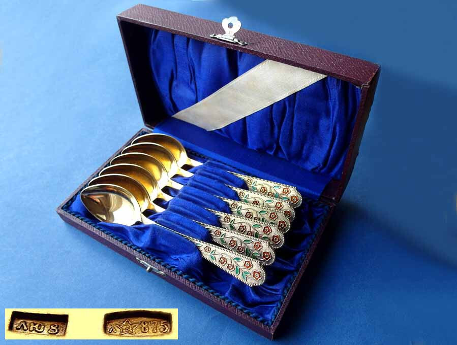 Set, 6 Beautiful Teaspoons/ Spoons, Russia, Enamel, 875 Silver E541
