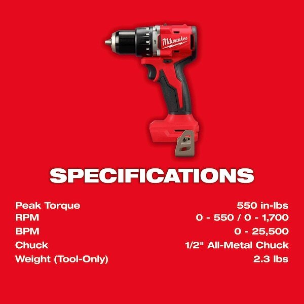 Milwaukee Tool 3693-22Cx M18 Compact Brushless 2-Tool Kit, Hammer Drill &
