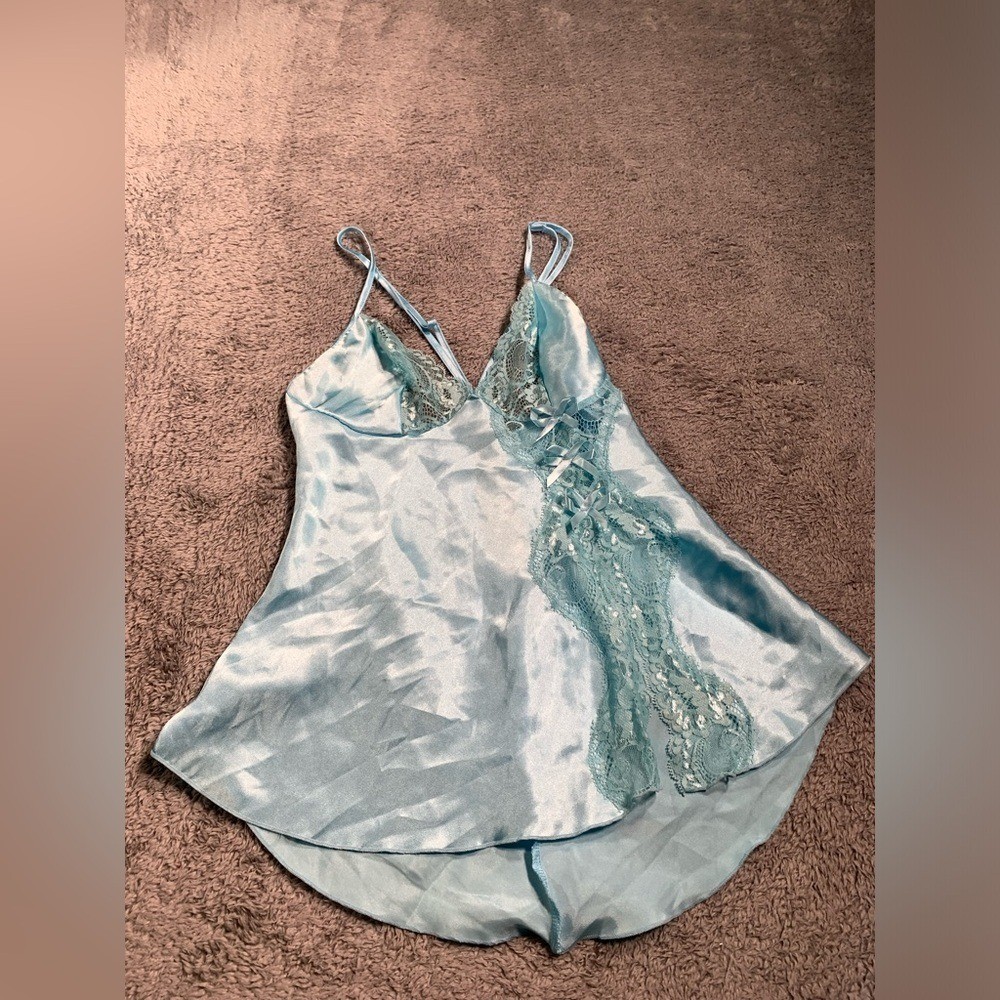 Frederick's of Hollywood Light Blue Satin Nightgown lace XS