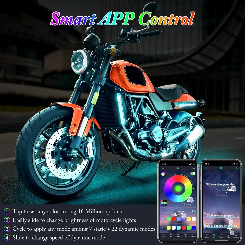 8PCS Motorcycle LED Underglow Kit, 4 Key Remote Control App Control with Two ...