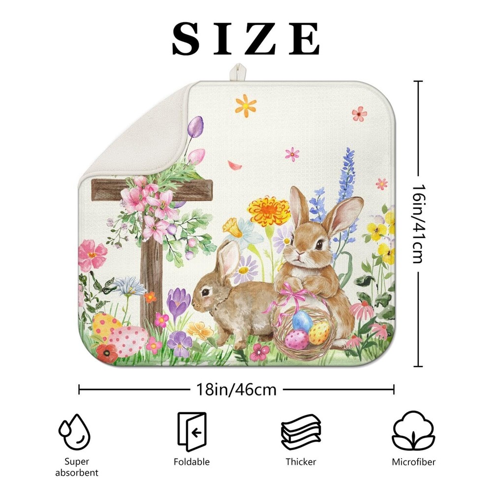 Easter Dish Drying Mat for Kitchen Counter,Cute Bunny Spring Florals Microfib...